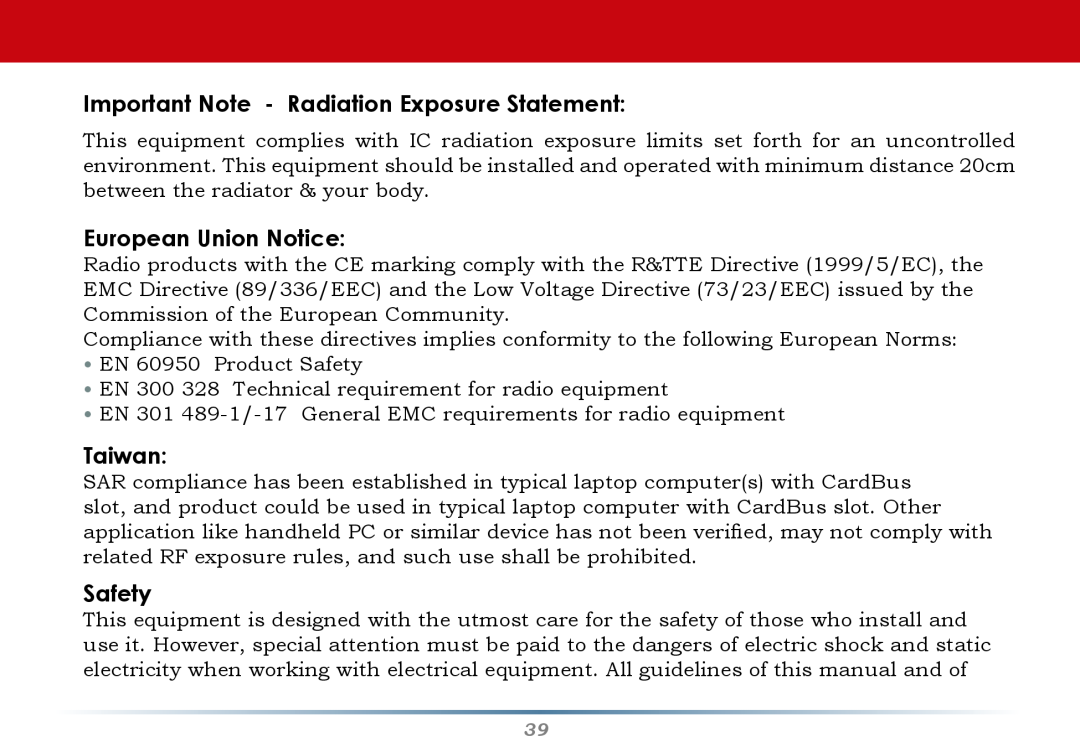 Buffalo Technology WHR-G300N Important Note - Radiation Exposure Statement, European Union Notice, Taiwan, Safety 