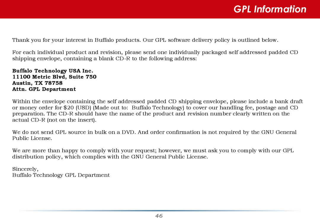 Buffalo Technology WHR-G300N-US user manual GPL Information, Buffalo Technology USA Inc 11100 Metric Blvd, Suite Austin, TX 