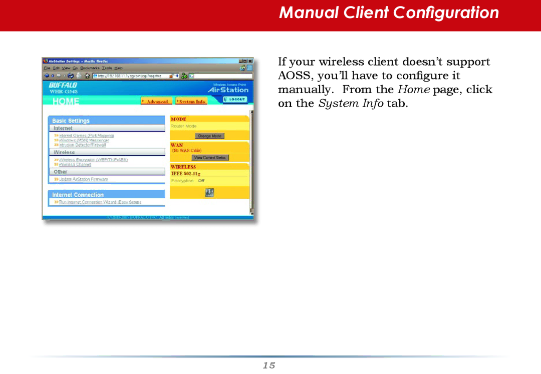 Buffalo Technology WHR-G54S user manual Manual Client Configuration 