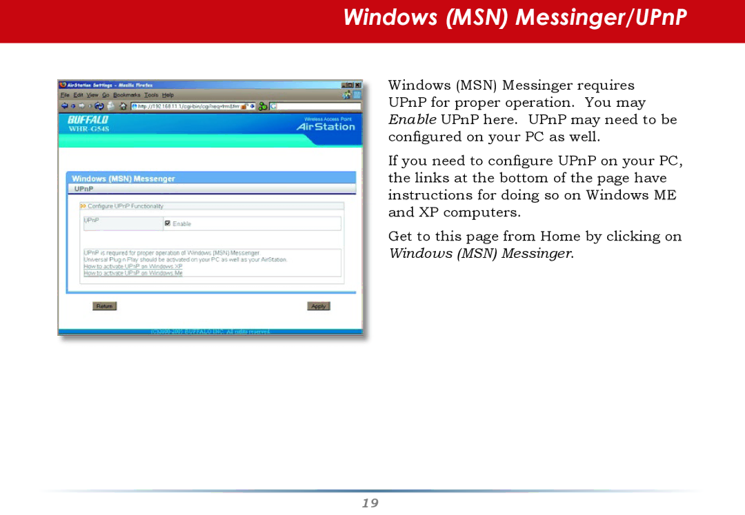 Buffalo Technology WHR-G54S user manual Windows MSN Messinger/UPnP 