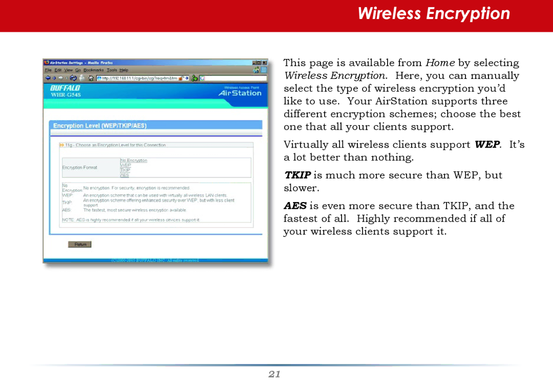 Buffalo Technology WHR-G54S user manual Wireless Encryption 