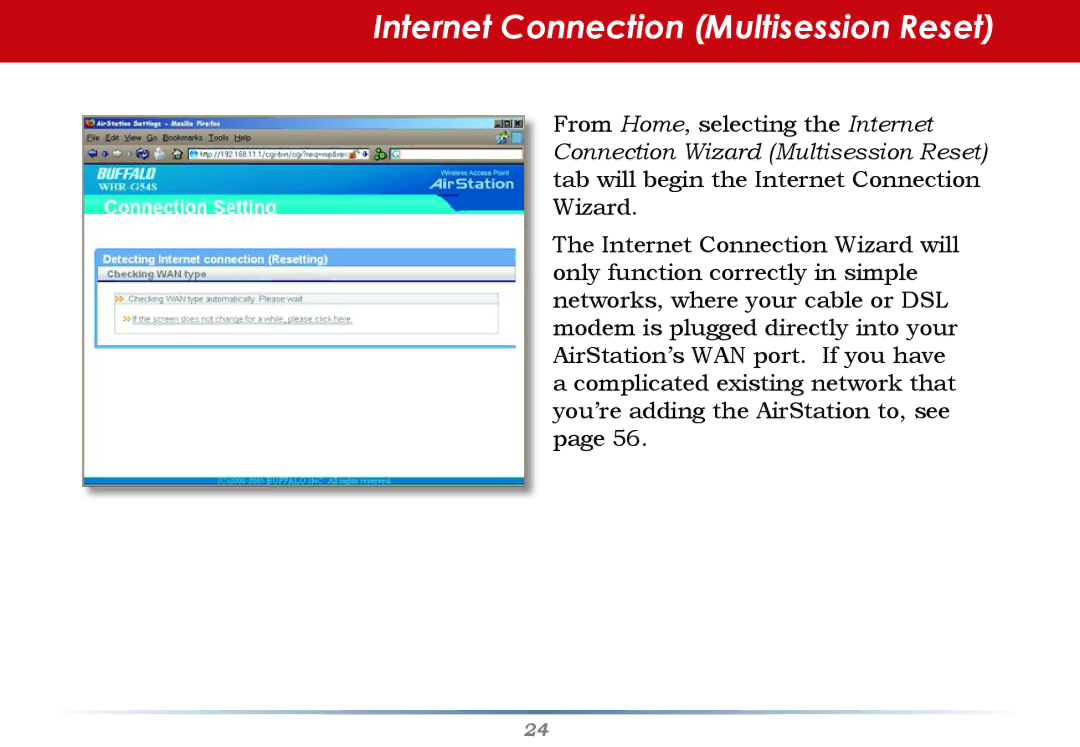 Buffalo Technology WHR-G54S user manual Internet Connection Multisession Reset 