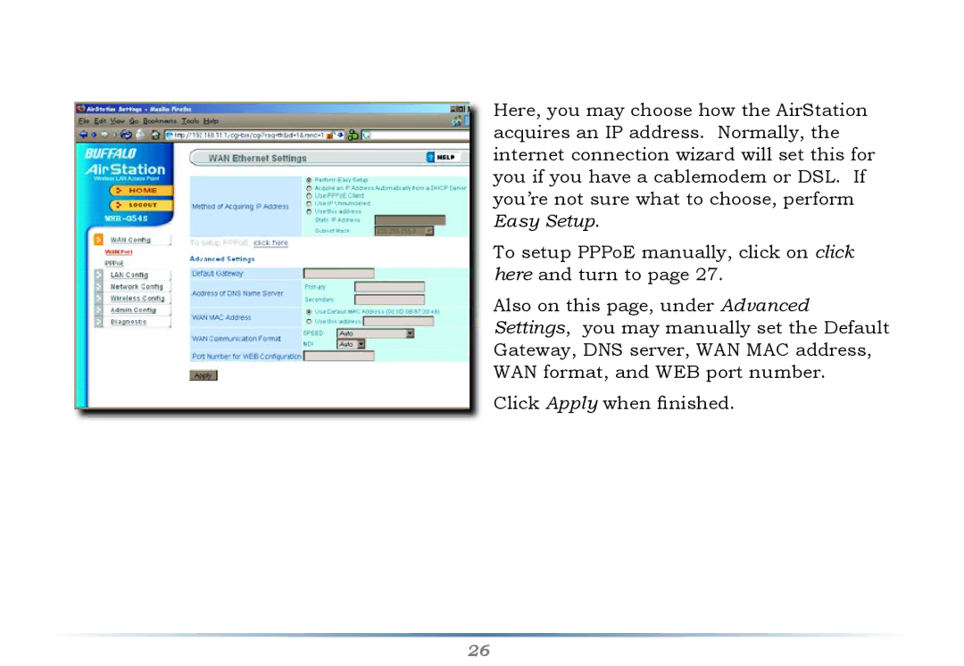 Buffalo Technology WHR-G54S user manual WAN Config WAN Port 