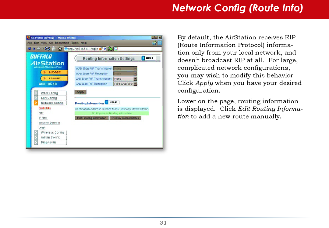 Buffalo Technology WHR-G54S user manual Network Config Route Info 