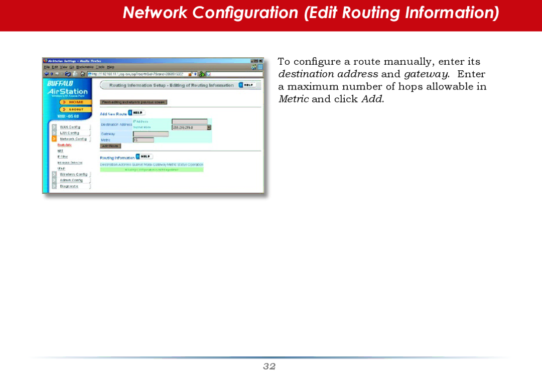 Buffalo Technology WHR-G54S user manual Network Configuration Edit Routing Information 