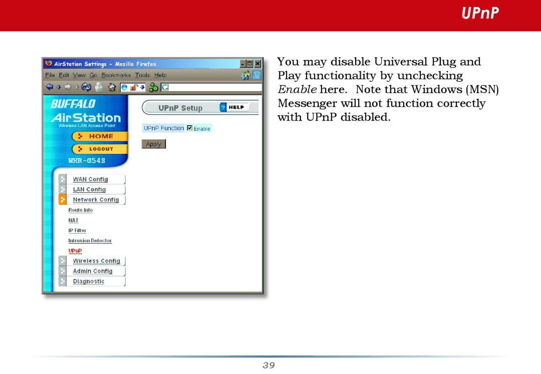 Buffalo Technology WHR-G54S user manual UPnP 