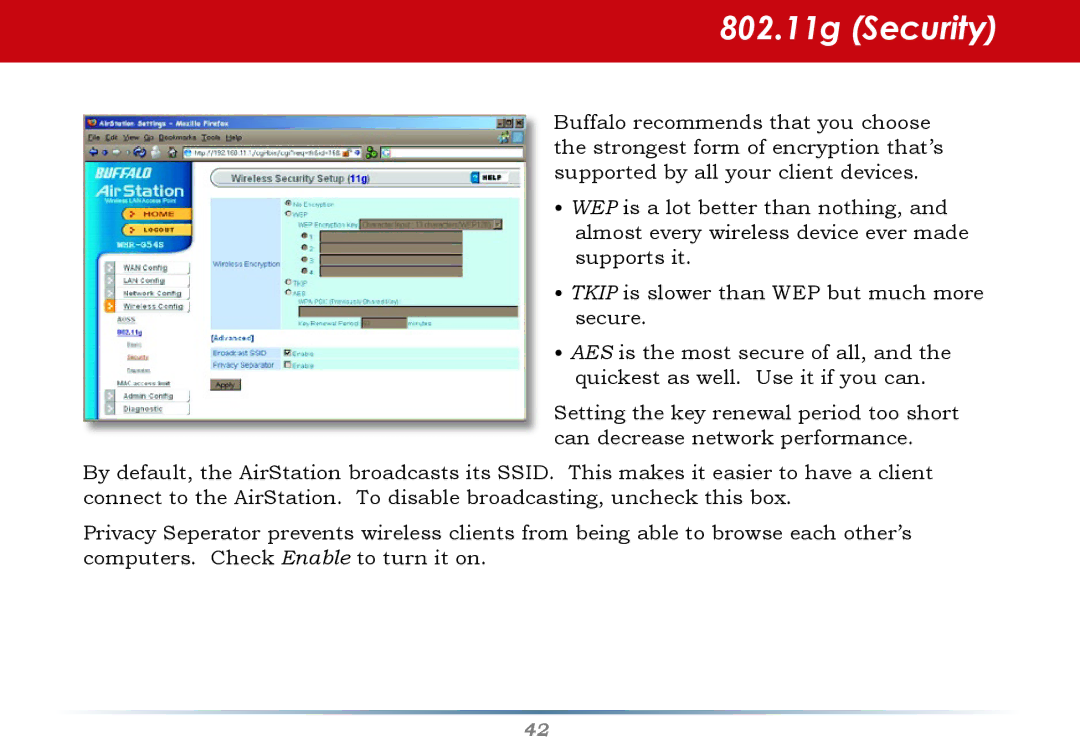 Buffalo Technology WHR-G54S user manual 802.11g Security 