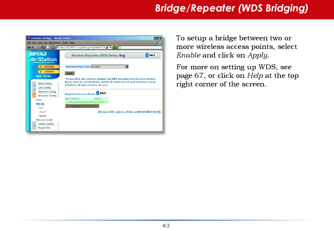 Buffalo Technology WHR-G54S user manual Bridge/Repeater WDS Bridging 