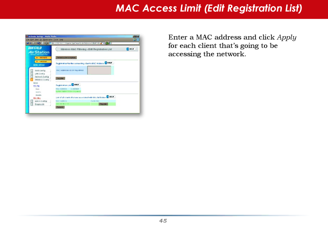 Buffalo Technology WHR-G54S user manual MAC Access Limit Edit Registration List, Advanced Settings 