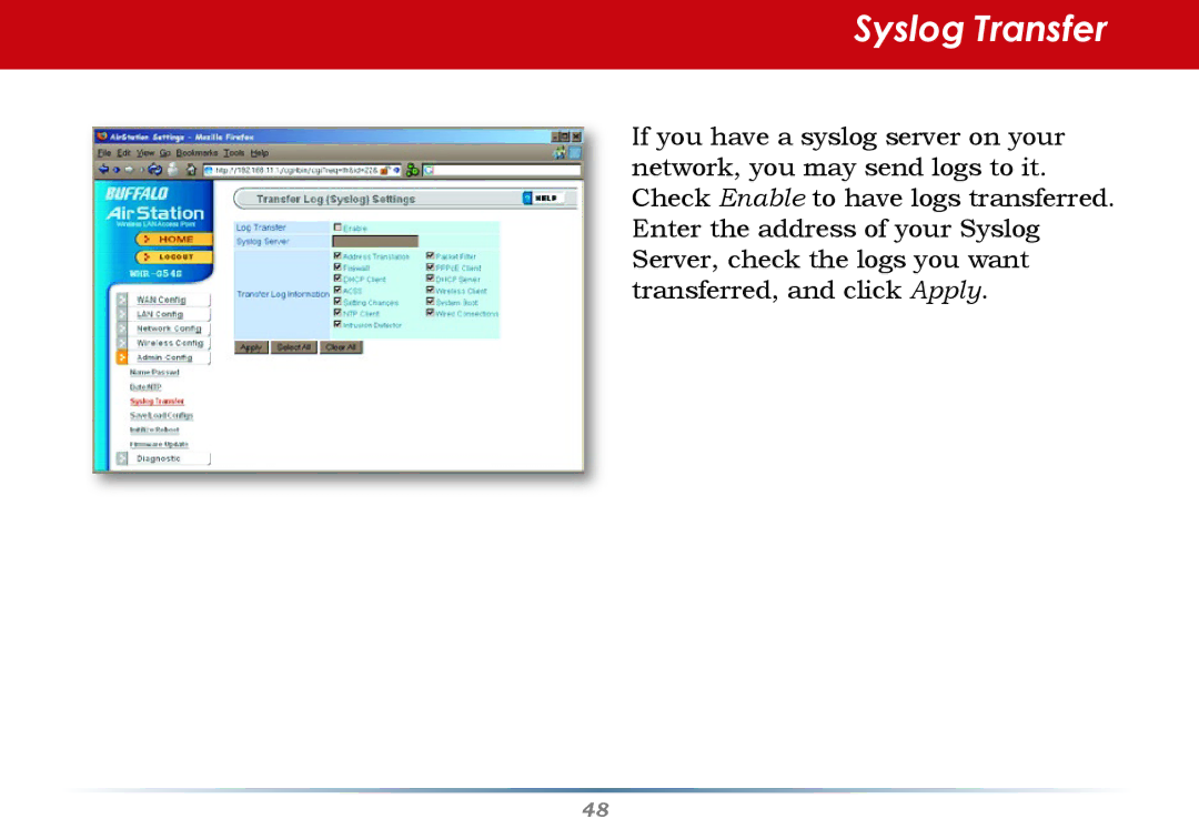 Buffalo Technology WHR-G54S user manual Syslog Transfer 