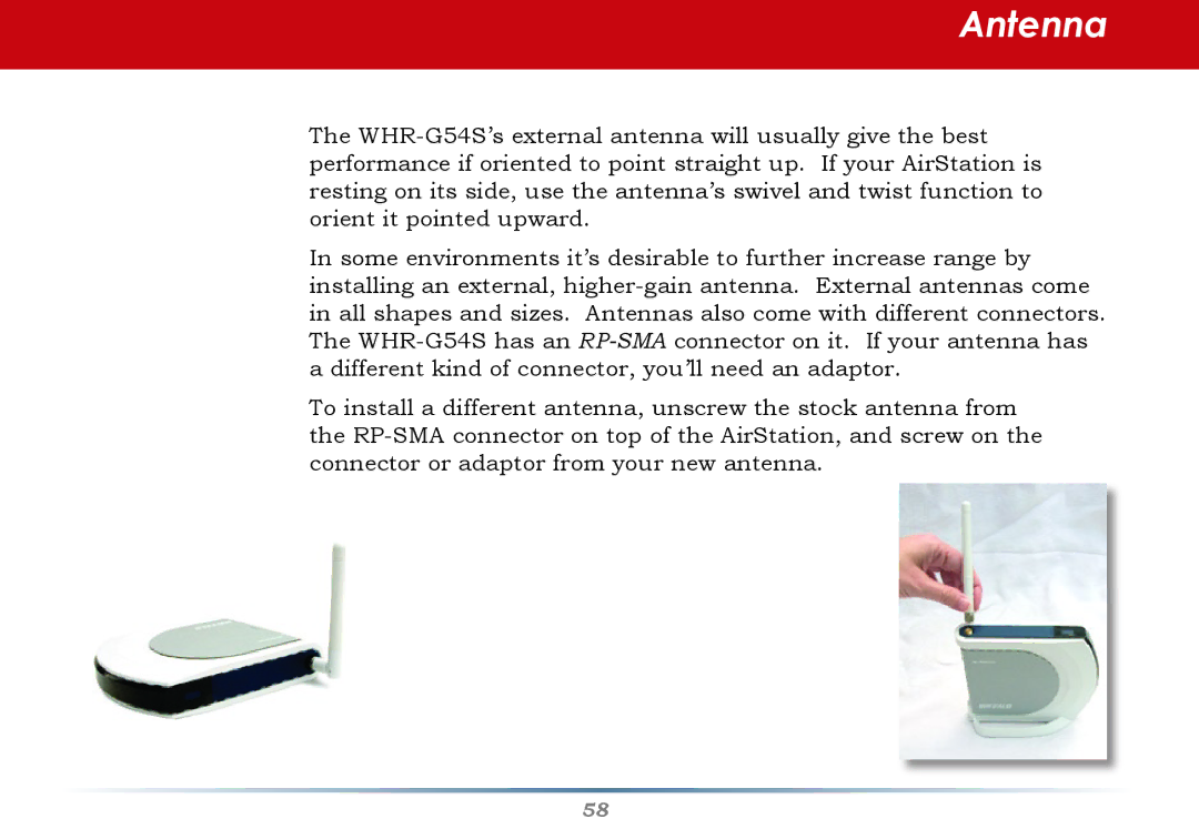 Buffalo Technology WHR-G54S user manual Antenna 