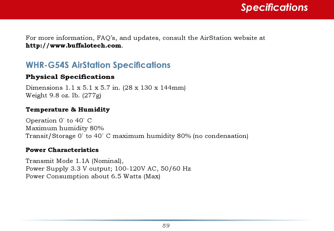 Buffalo Technology user manual WHR-G54S AirStation Specifications 