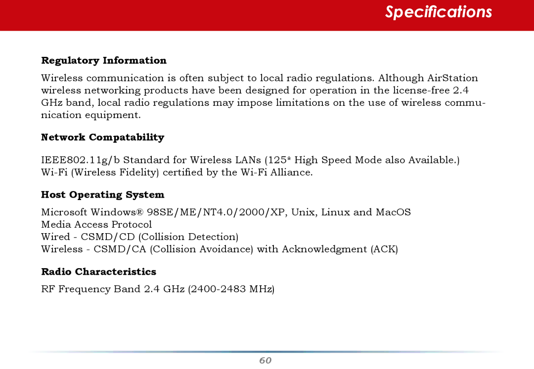 Buffalo Technology WHR-G54S user manual Radio Characteristics 