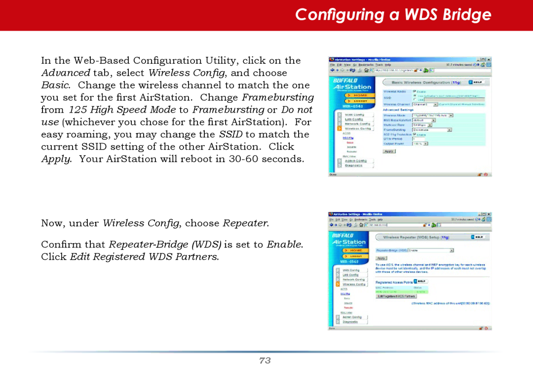 Buffalo Technology WHR-G54S user manual Configuring a WDS Bridge 