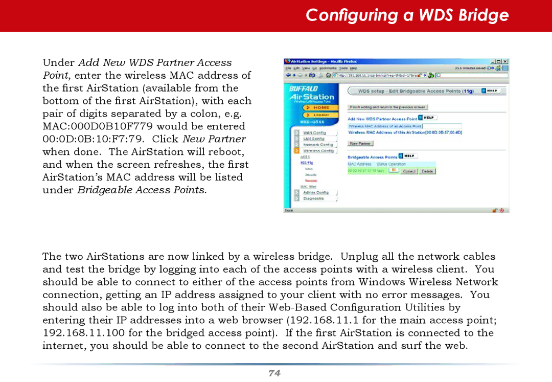 Buffalo Technology WHR-G54S user manual Configuring a WDS Bridge 