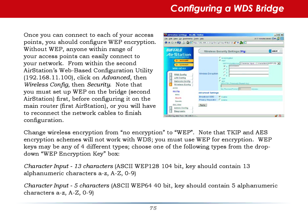 Buffalo Technology WHR-G54S user manual Configuring a WDS Bridge 