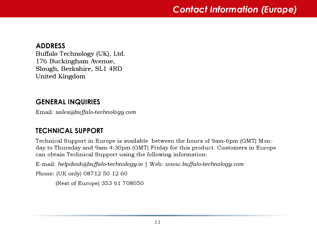 Buffalo Technology WHR-HP-AG108 setup guide Contact Information Europe 