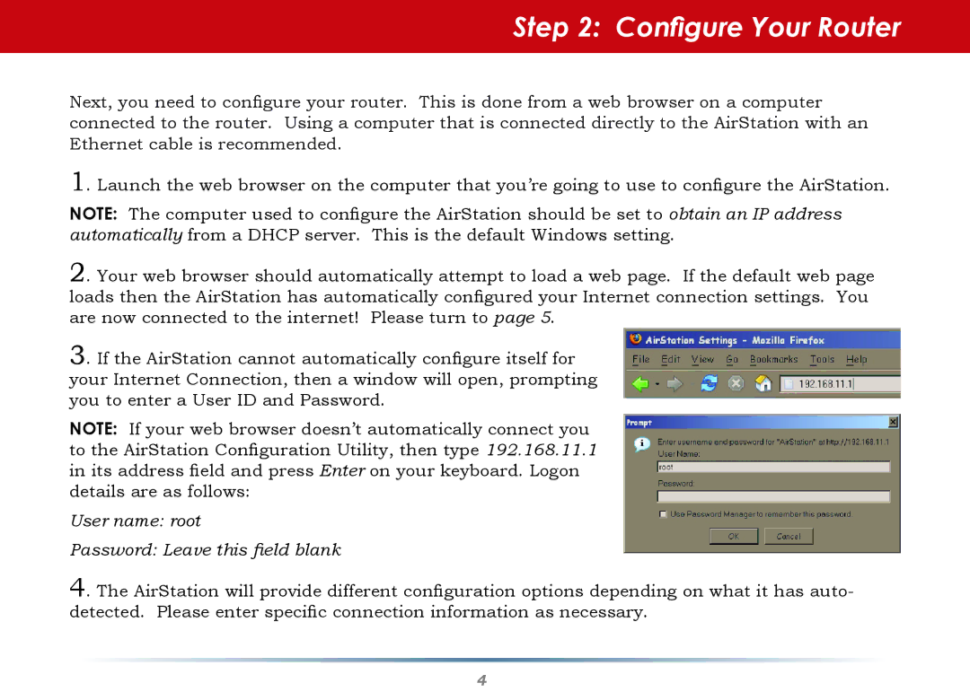 Buffalo Technology WHR-HP-AG108 setup guide Configure Your Router, User name root Password Leave this field blank 