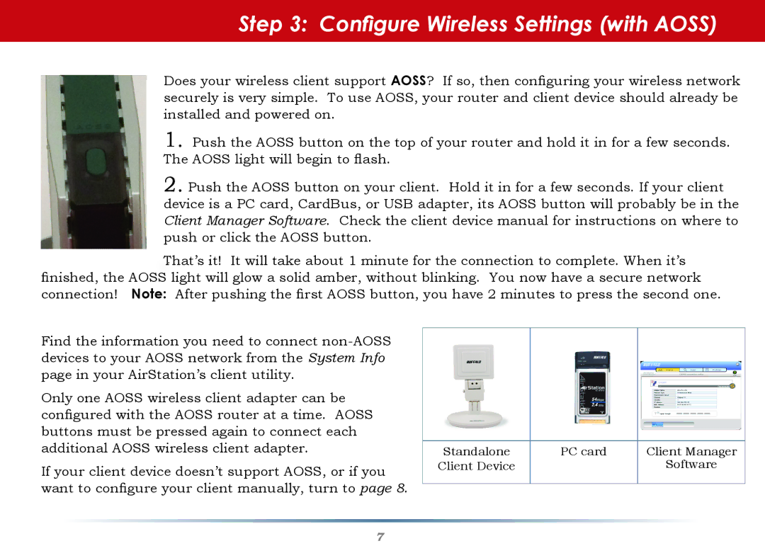 Buffalo Technology WHR-HP-AG108 setup guide Configure Wireless Settings with Aoss 