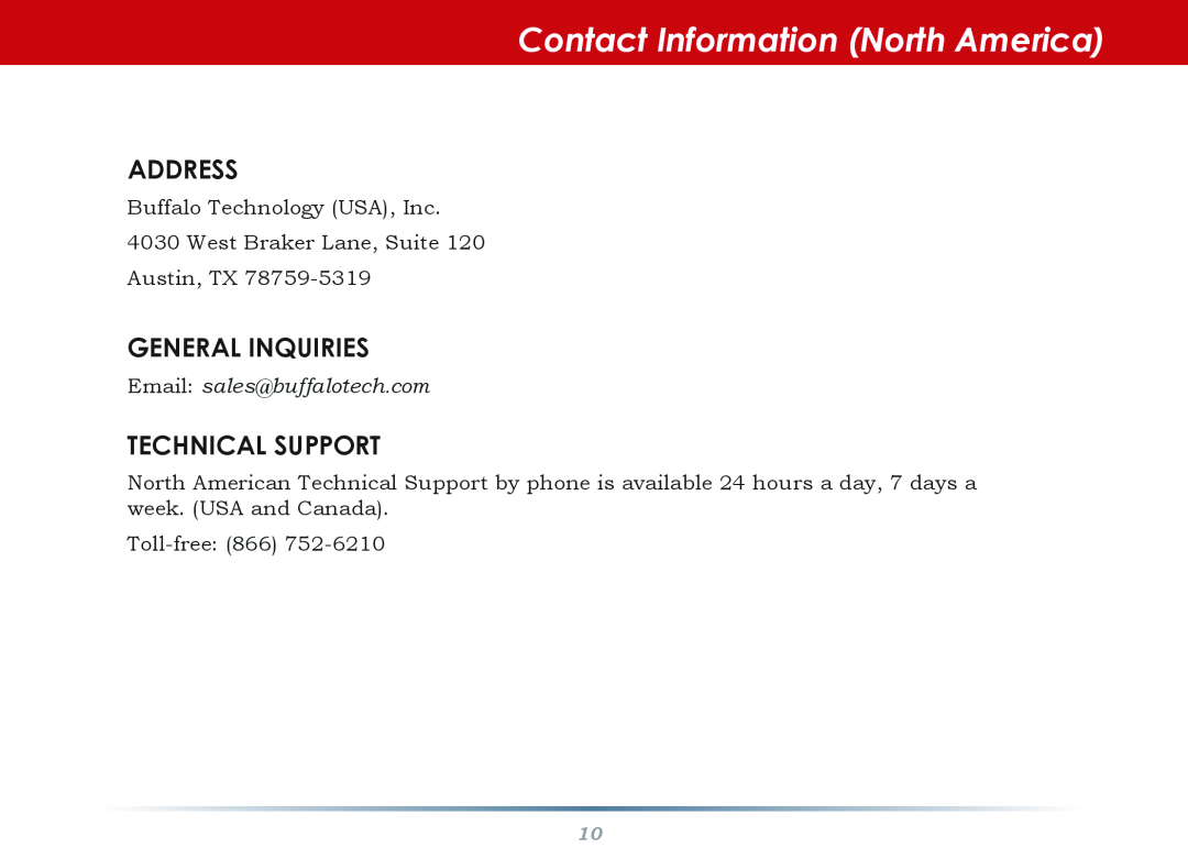 Buffalo Technology WHR-HP-AG108 Contact Information North America, Address, General Inquiries, Technical Support 