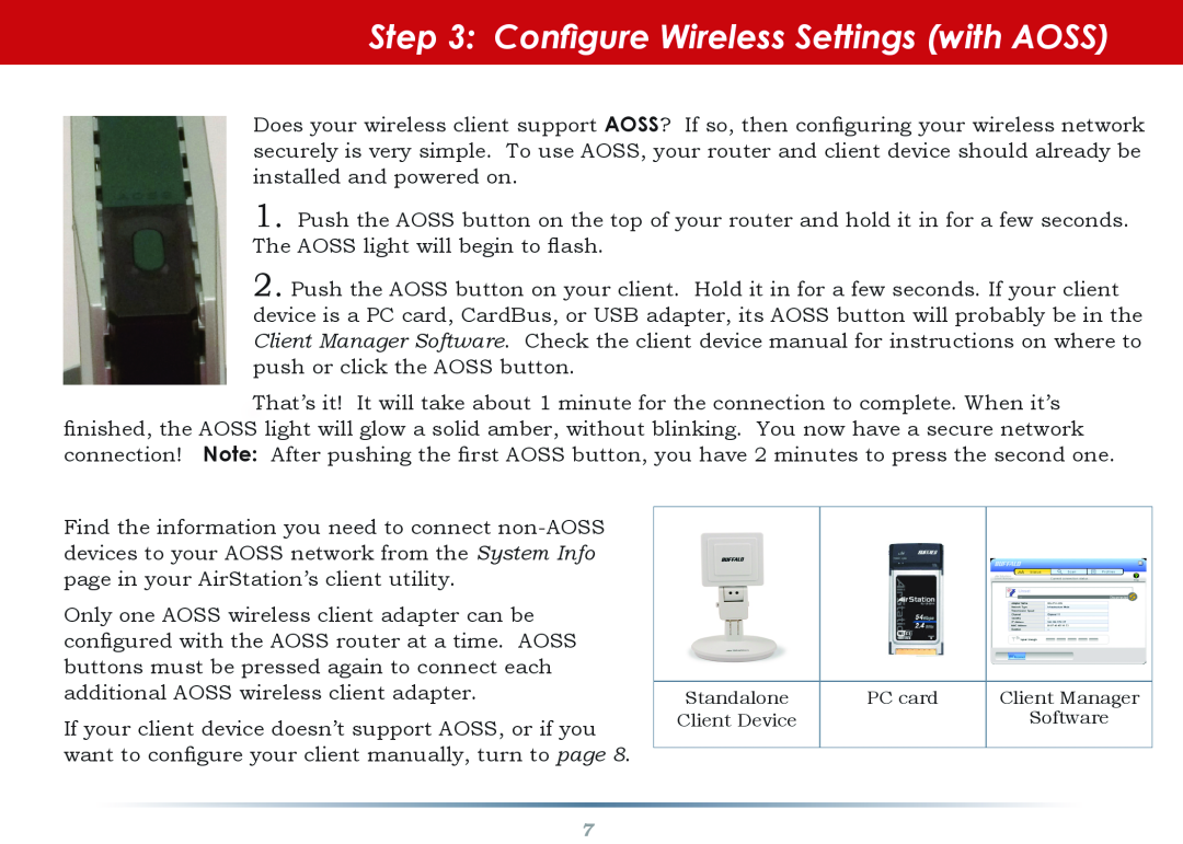 Buffalo Technology WHR-HP-AG108 setup guide Configure Wireless Settings with AOSS 