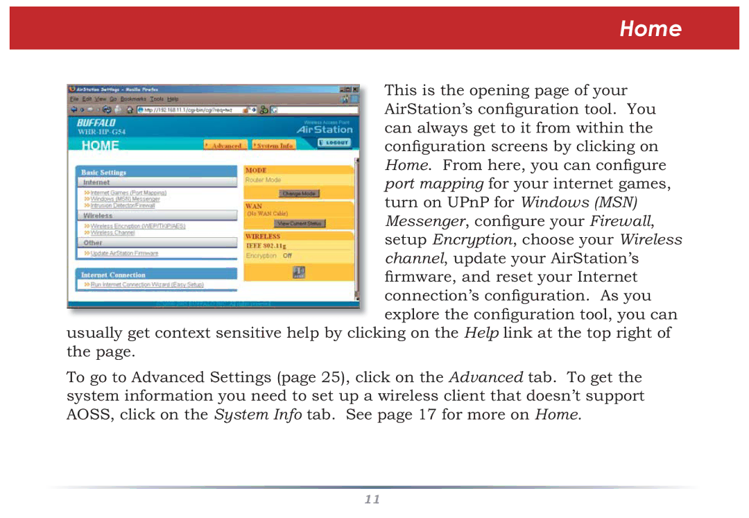 Buffalo Technology WHR-HP-G54 user manual Home 