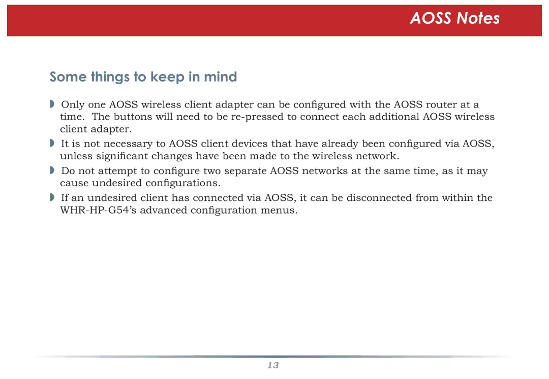 Buffalo Technology WHR-HP-G54 user manual Aoss Notes, Some things to keep in mind 