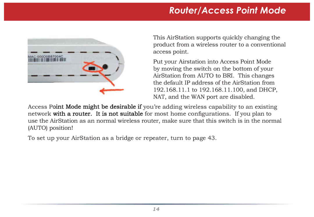 Buffalo Technology WHR-HP-G54 user manual Router/Access Point Mode 