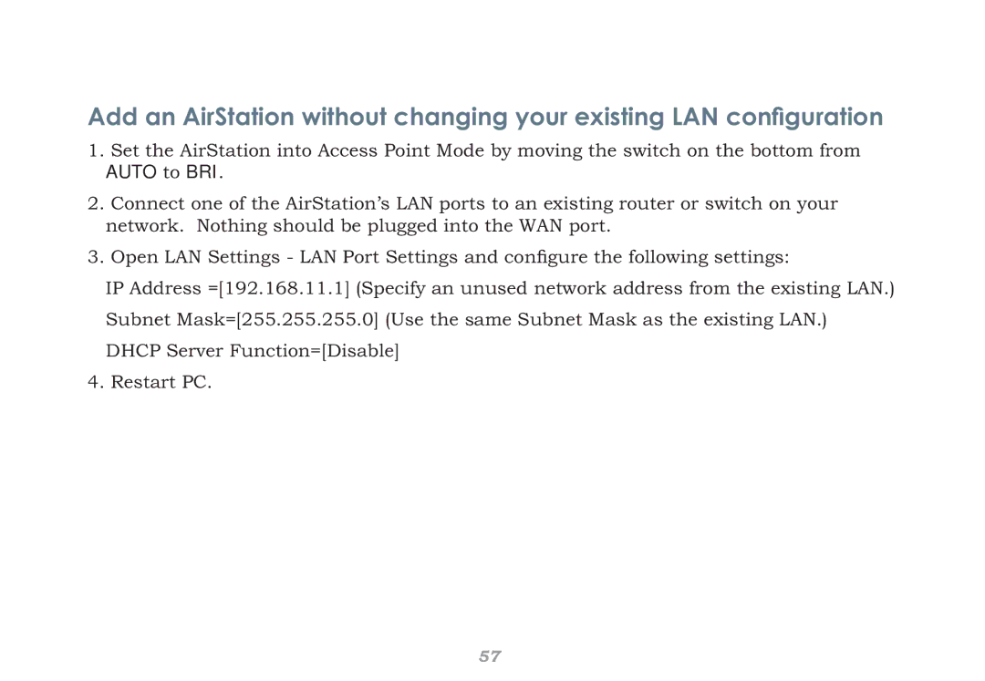 Buffalo Technology WHR-HP-G54 user manual Connecting to a Preexisting Network 