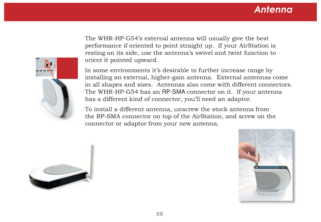 Buffalo Technology WHR-HP-G54 user manual Antenna 