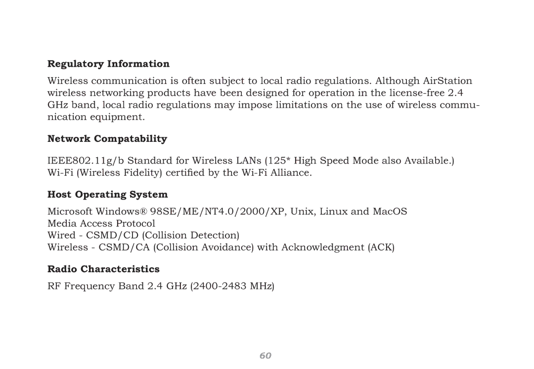 Buffalo Technology WHR-HP-G54 user manual Radio Characteristics 