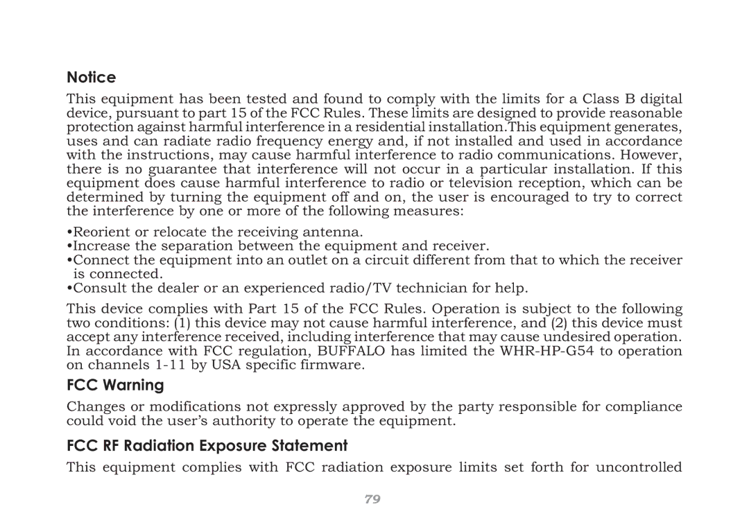 Buffalo Technology WHR-HP-G54 user manual FCC / CE Information, FCC Warning 