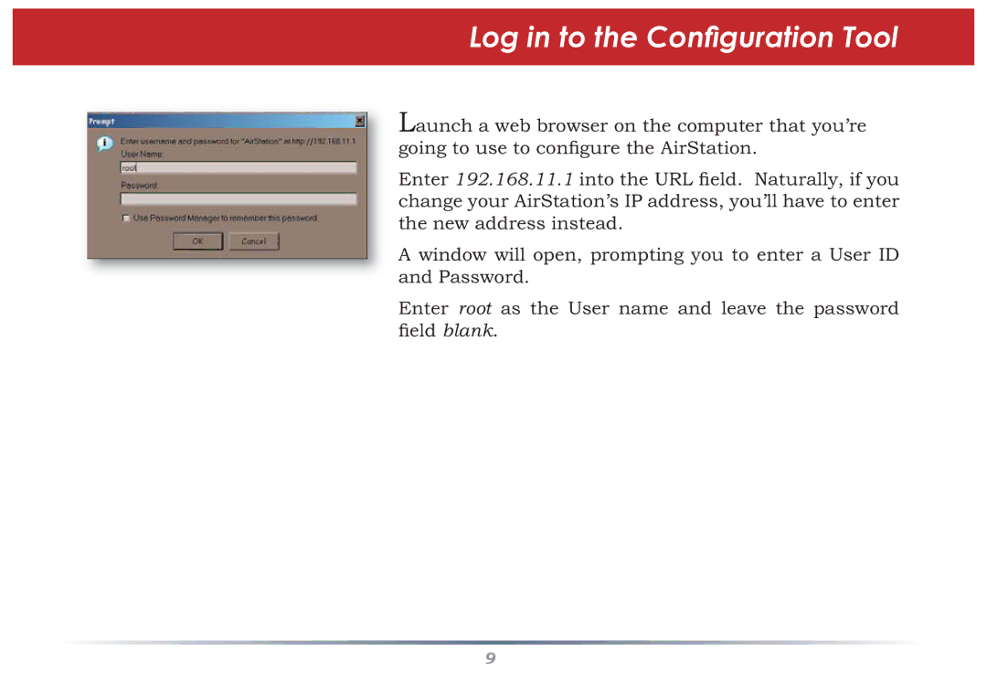 Buffalo Technology WHR-HP-G54 user manual Log in to the Conﬁguration Tool 