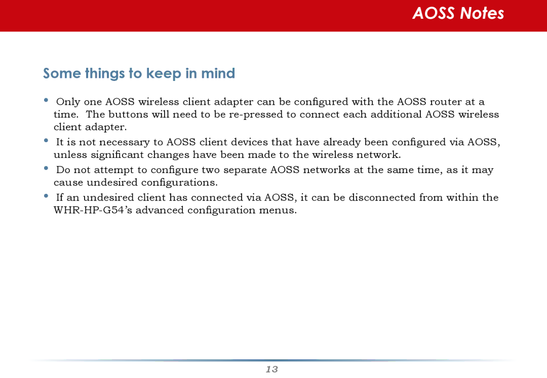 Buffalo Technology WHR-HP-G54 user manual Aoss Notes, Some things to keep in mind 