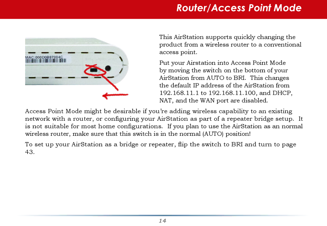 Buffalo Technology WHR-HP-G54 user manual Router/Access Point Mode 