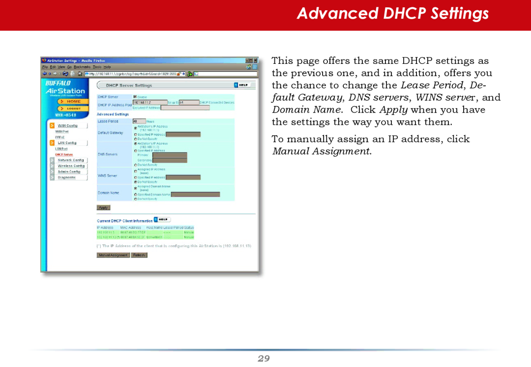 Buffalo Technology WHR-HP-G54 user manual Advanced Dhcp Settings 