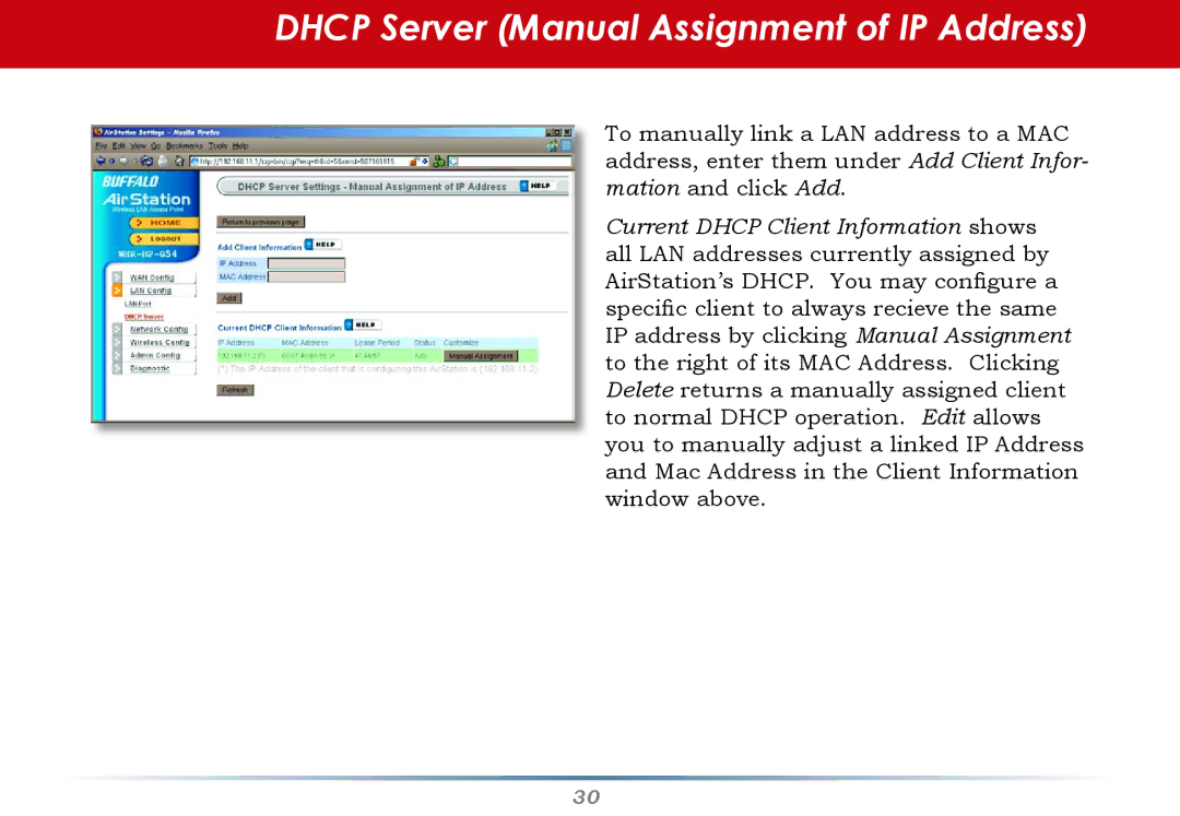 Buffalo Technology WHR-HP-G54 user manual Dhcp Server Manual Assignment of IP Address 