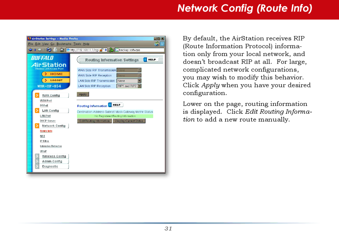 Buffalo Technology WHR-HP-G54 user manual Network Config Route Info 