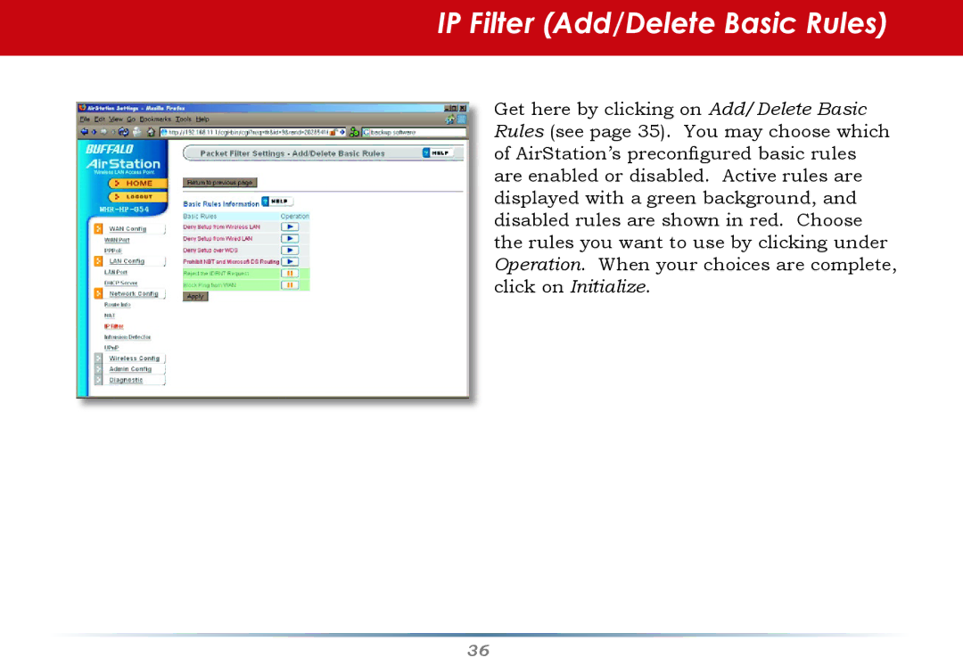 Buffalo Technology WHR-HP-G54 user manual IP Filter Add/Delete Basic Rules 