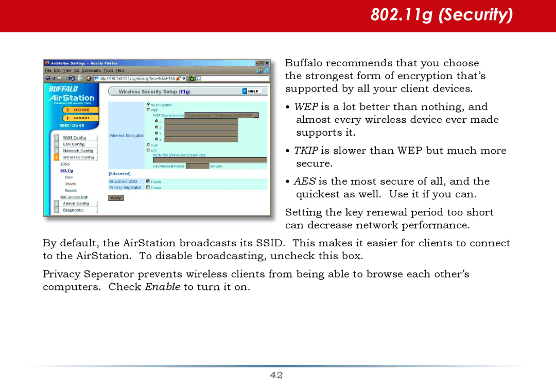 Buffalo Technology WHR-HP-G54 user manual 802.11g Security 