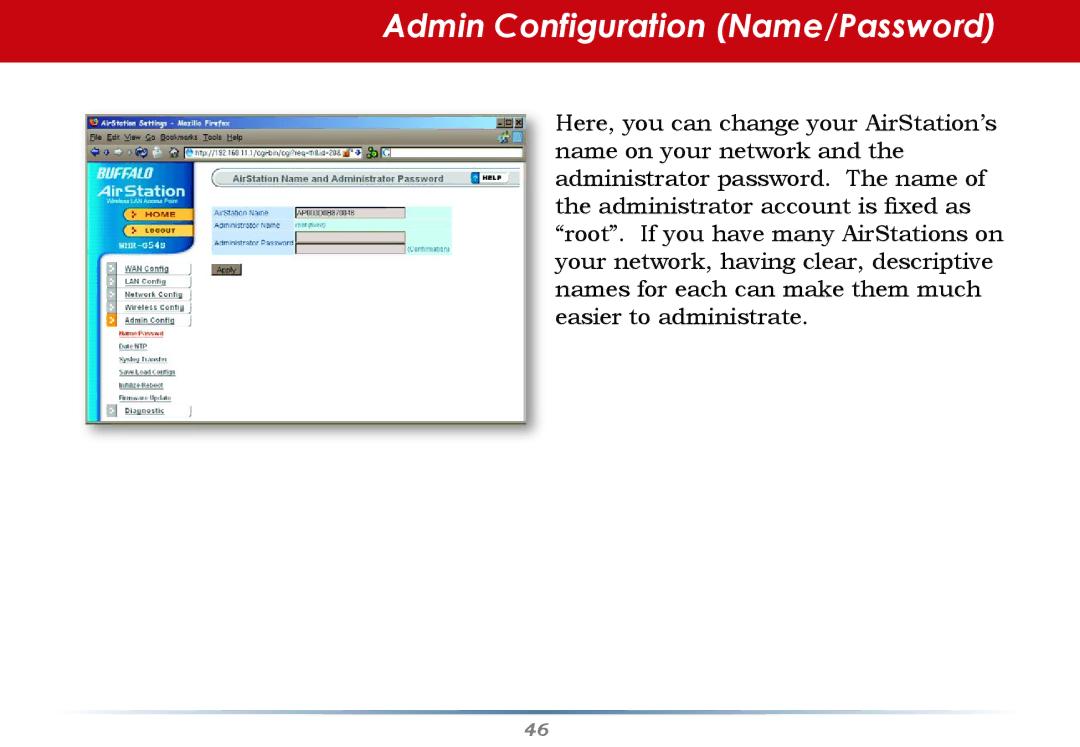 Buffalo Technology WHR-HP-G54 user manual Admin Configuration Name/Password 