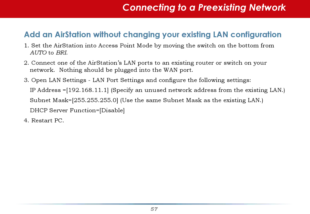 Buffalo Technology WHR-HP-G54 user manual Connecting to a Preexisting Network, Auto to BRI 