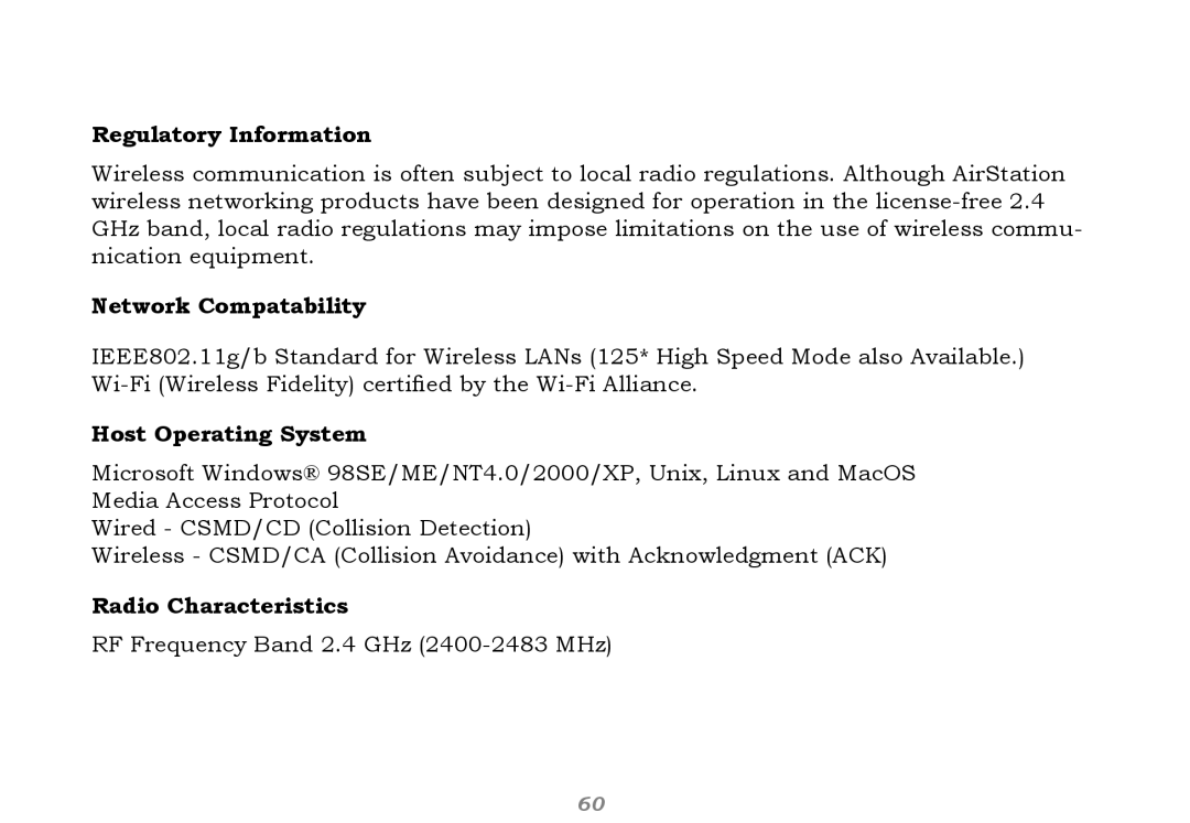 Buffalo Technology WHR-HP-G54 user manual Radio Characteristics 