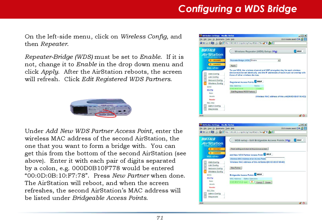 Buffalo Technology WHR-HP-G54 user manual Configuring a WDS Bridge 