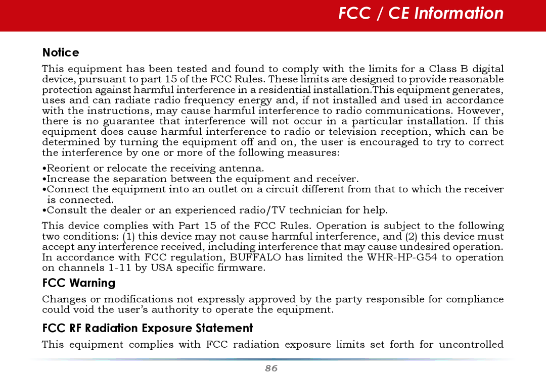 Buffalo Technology WHR-HP-G54 user manual FCC / CE Information, FCC Warning 