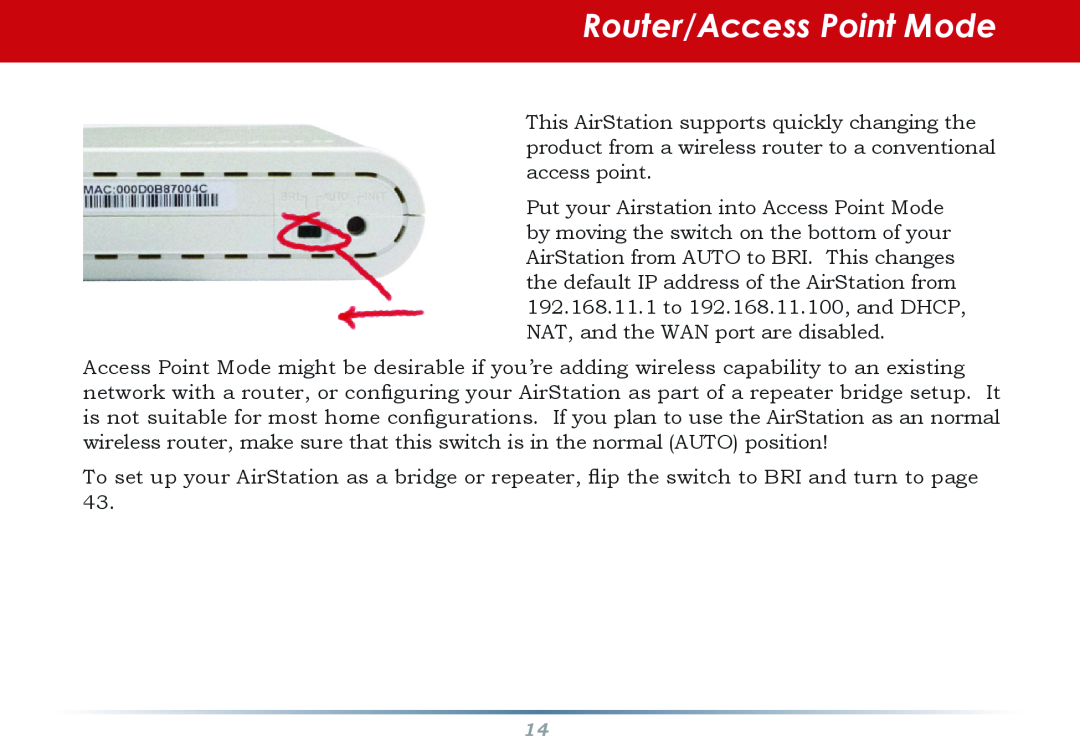 Buffalo Technology WHR-HP-G54 user manual Router/Access Point Mode 