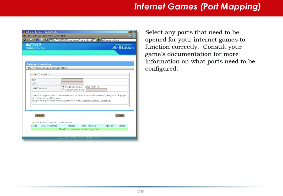 Buffalo Technology WHR-HP-G54 user manual Internet Games Port Mapping 
