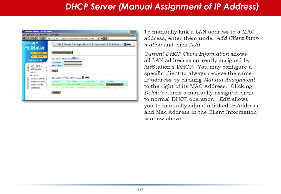 Buffalo Technology WHR-HP-G54 user manual DHCP Server Manual Assignment of IP Address 