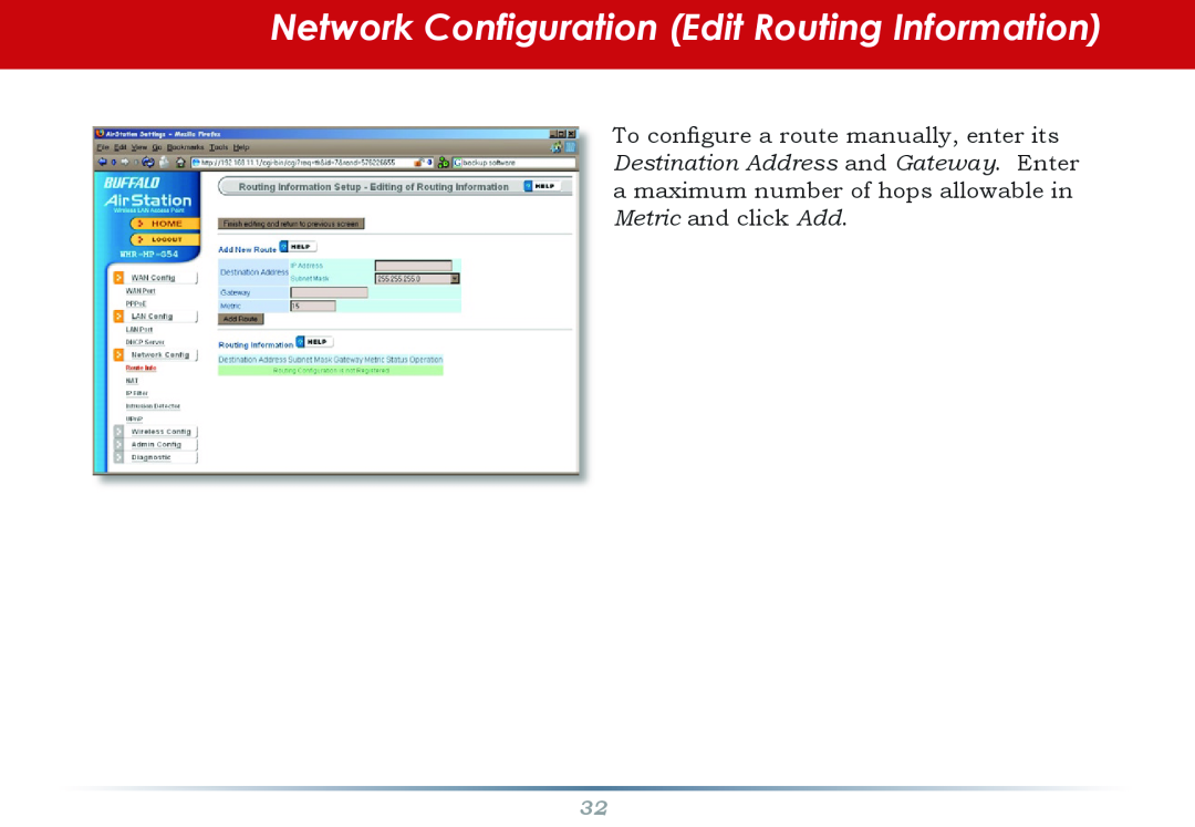 Buffalo Technology WHR-HP-G54 user manual Network Configuration Edit Routing Information 