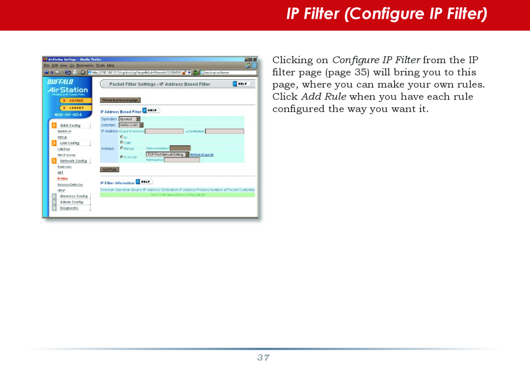 Buffalo Technology WHR-HP-G54 user manual IP Filter Configure IP Filter 